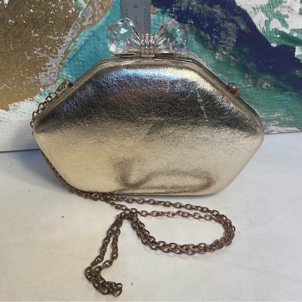 RSVP/Charming Charlie Metallic Gold Clutch with crossbody strap - Picture 6 of 13